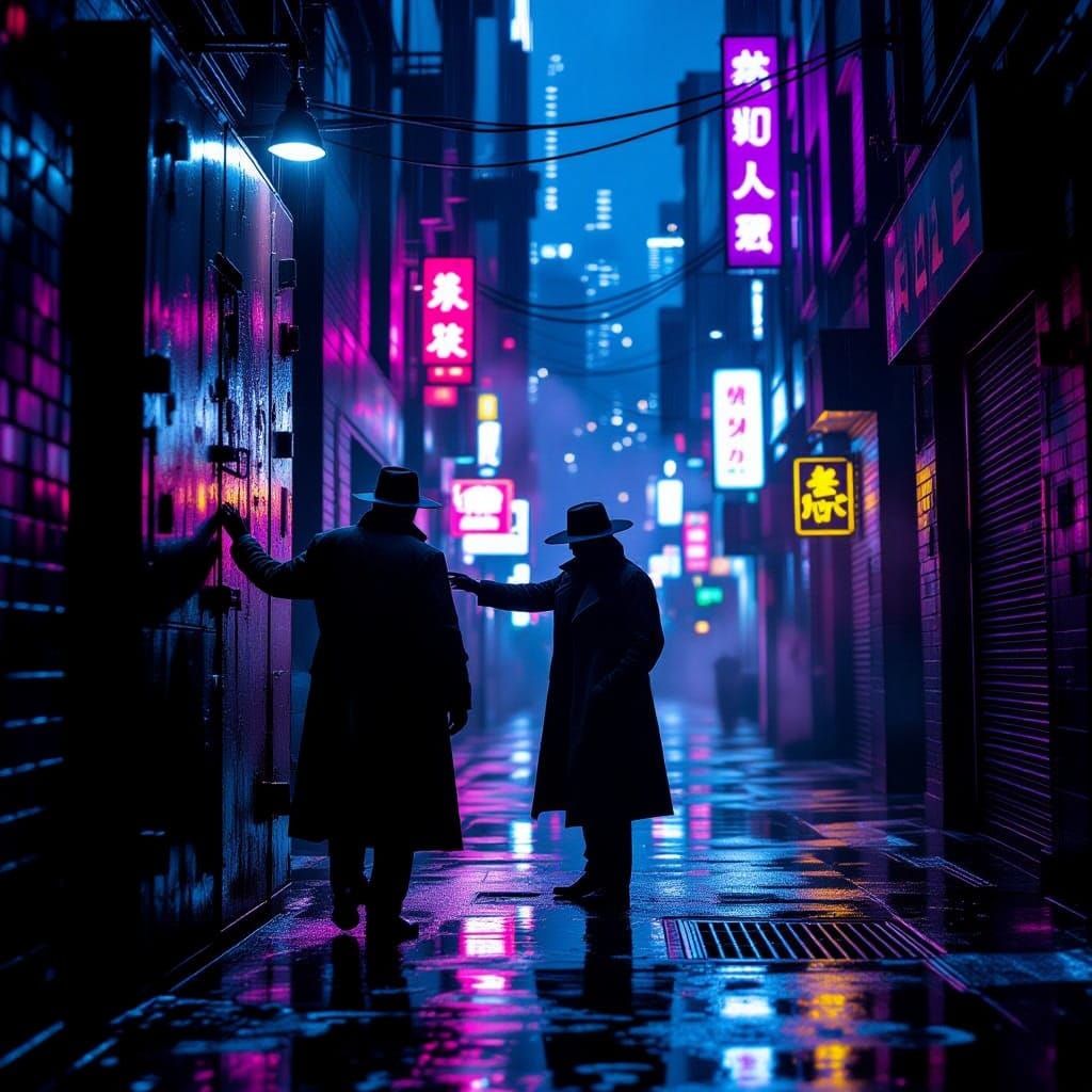 Neo-Noir Detective in Rainy Megacity Alleyway