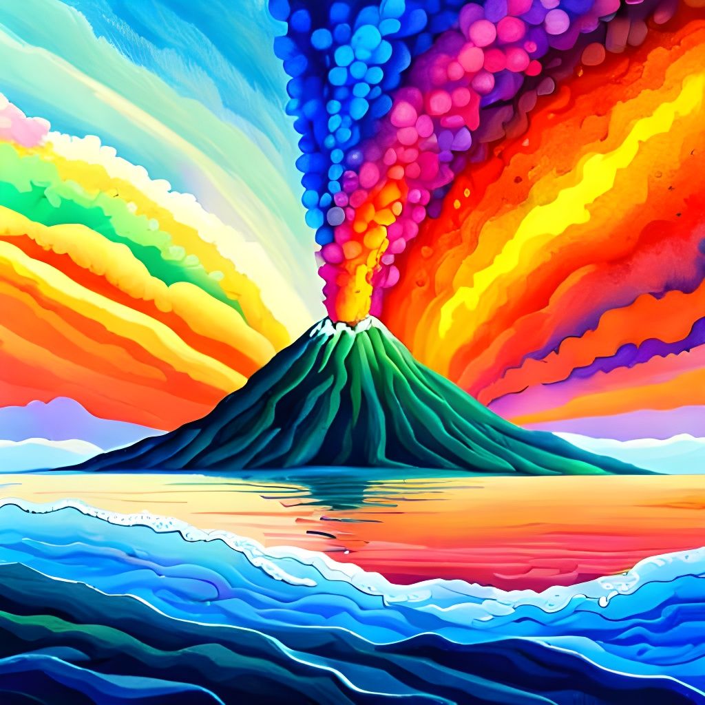 Rainbow Volcano Eruption in Art Nouveau Style