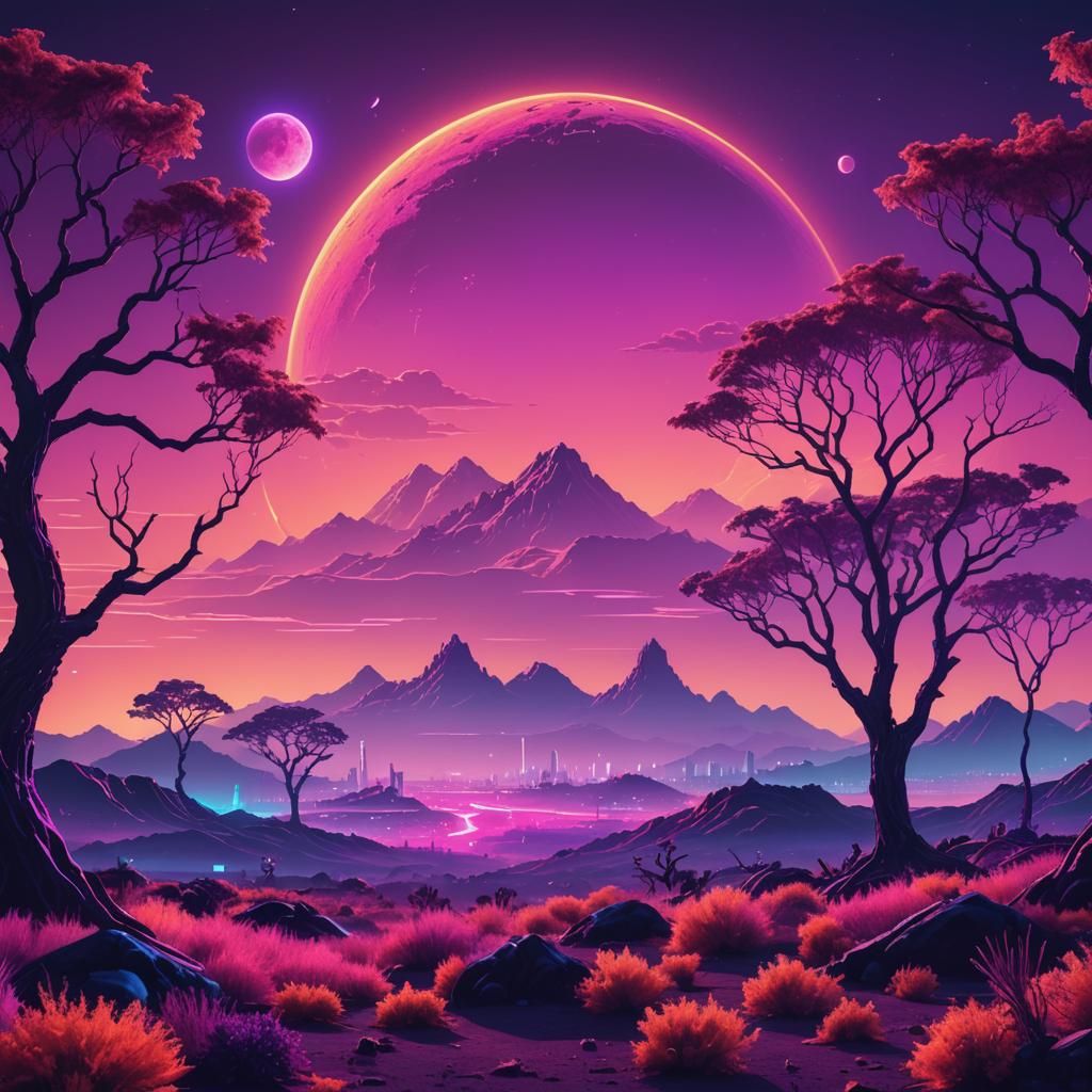 Synthwave Alien Planet Sunrise with Two Moons
