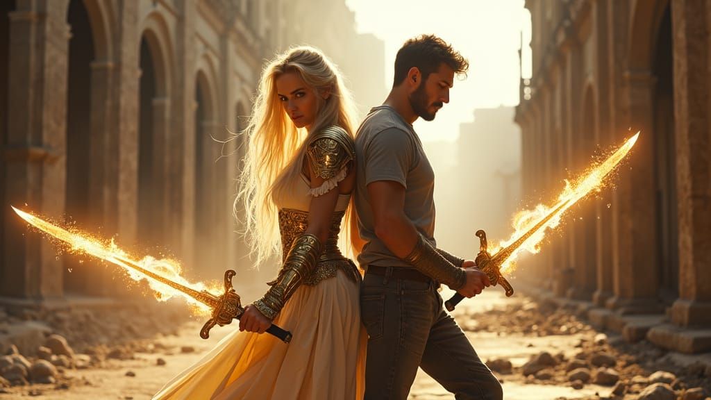 Cinematic Scene of Celestial Warrior and Battle-Hardened Man...