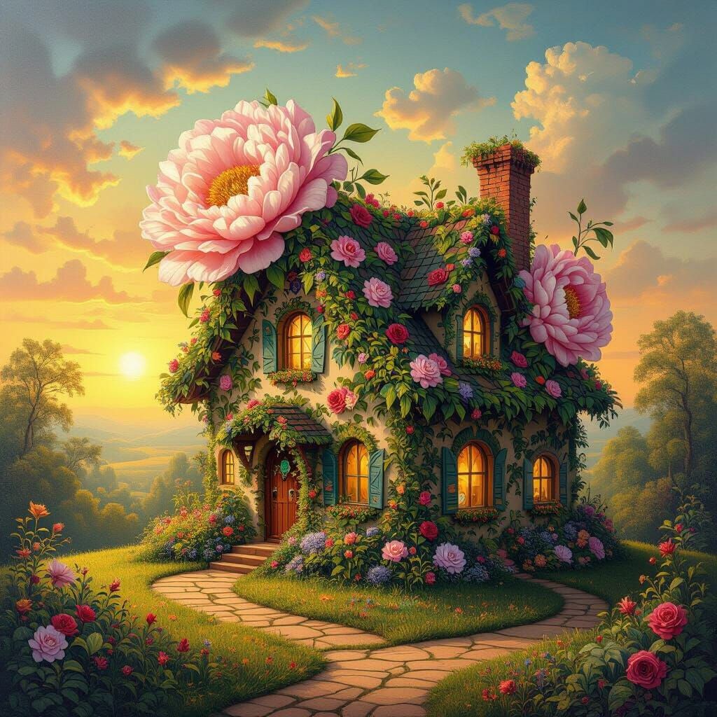 Surreal Floral House in Golden Sunset Light