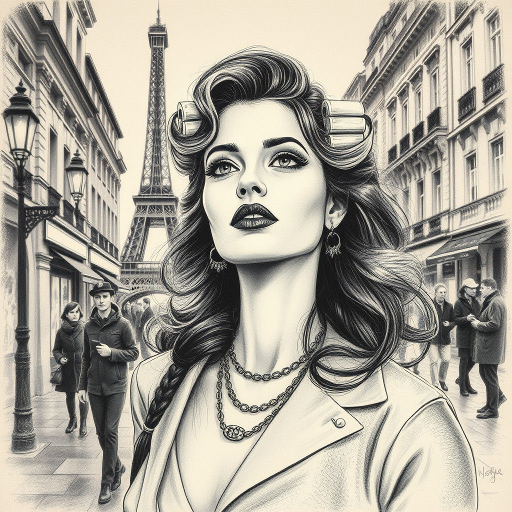 Vintage Vogue Style Woman in Paris: Charcoal Drawing