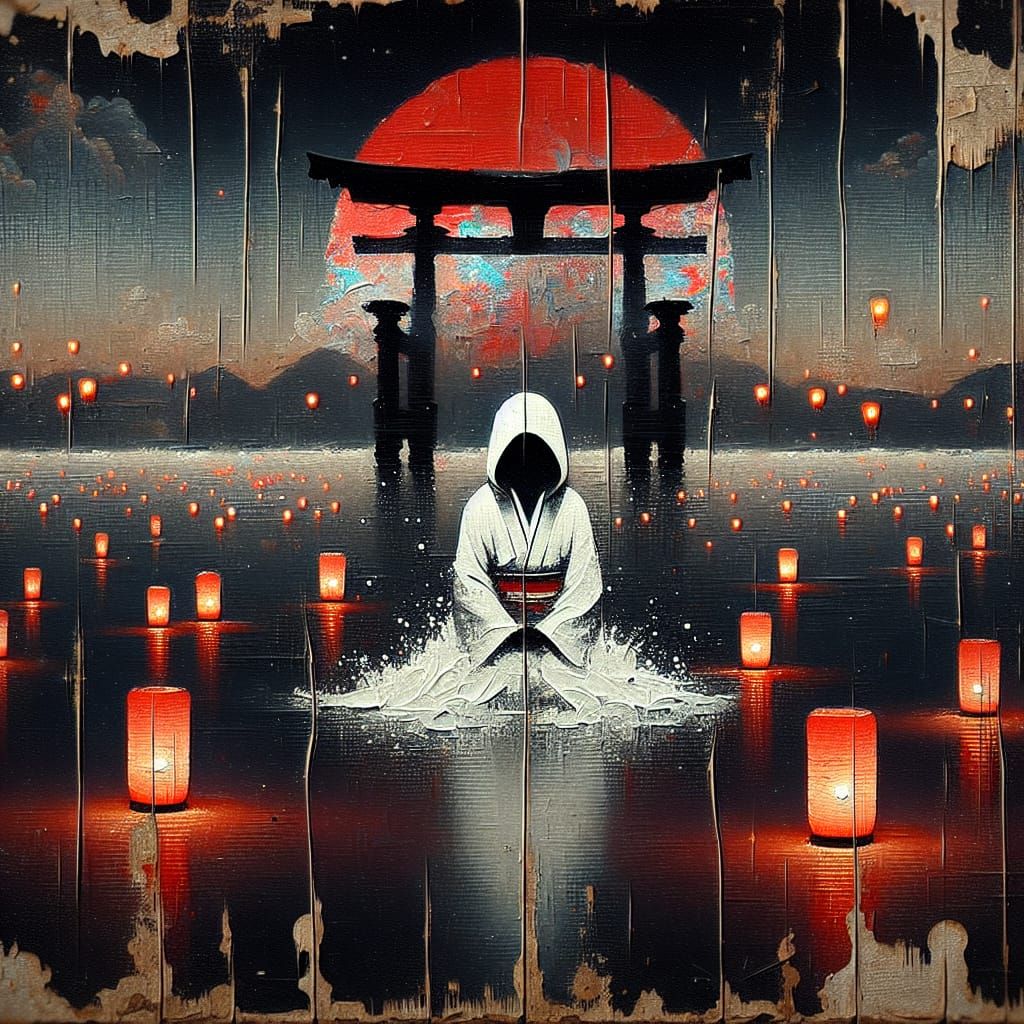 Surrealist Expressionist Oil Painting of a Kneeling Geisha a...