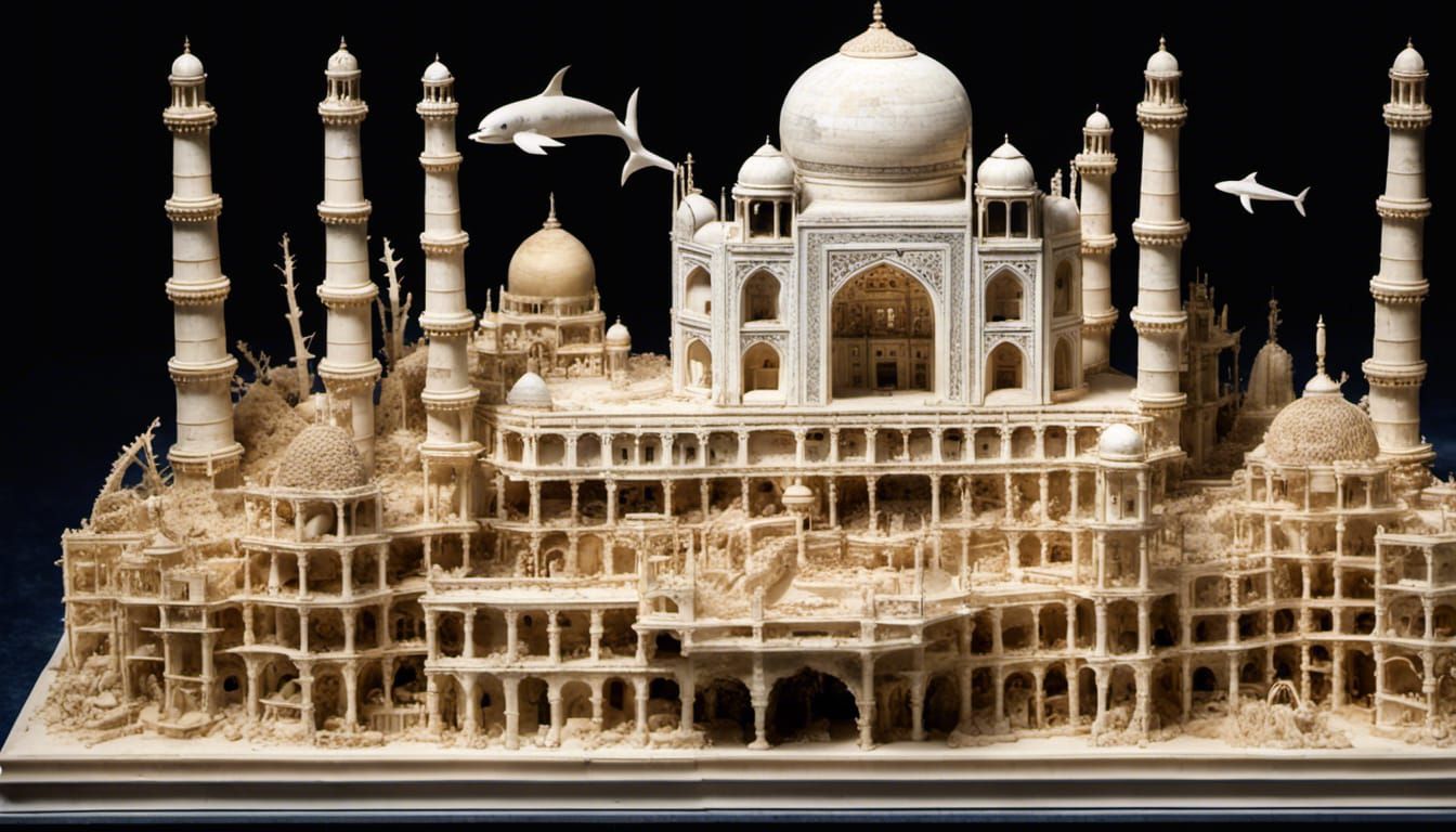 Ivory Miniature City with Aquatic Life, Detailed 3D Render