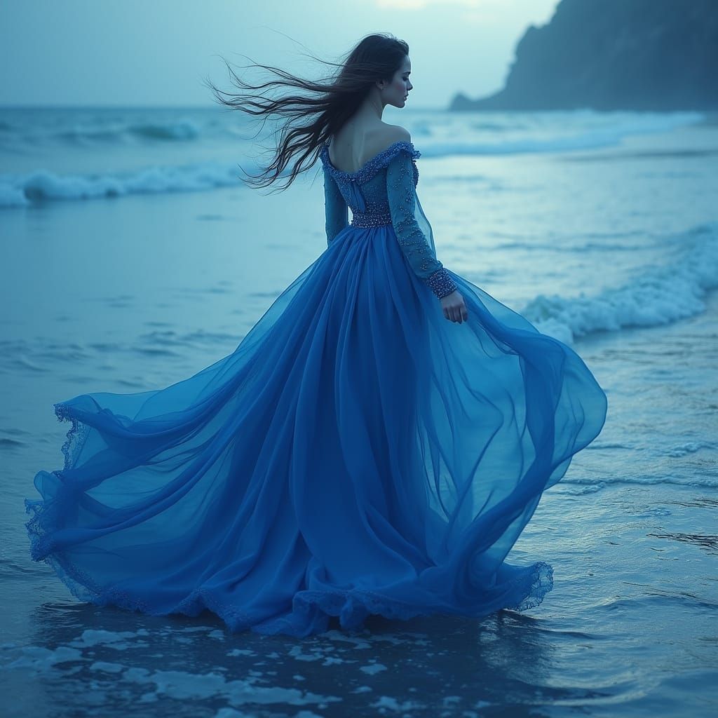 Woman in Flowing Gown at Sea's Edge