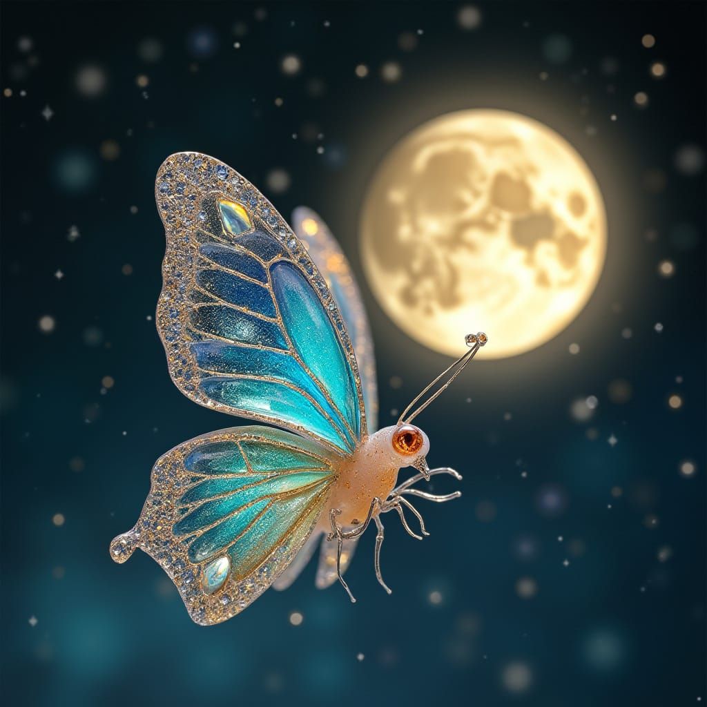 Iridescent Glass Butterfly Under Moonlit Sky