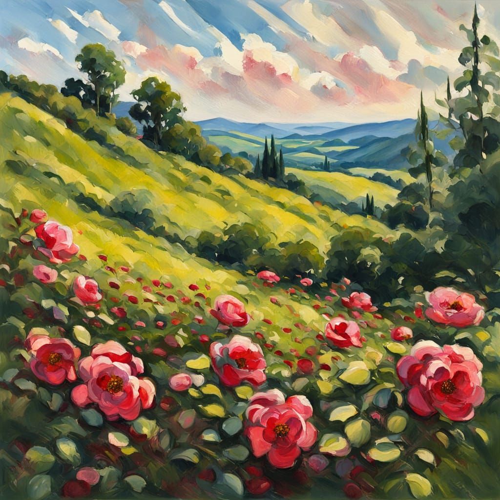 Wild Roses Bloom on Rolling Hills in Impressionist Style