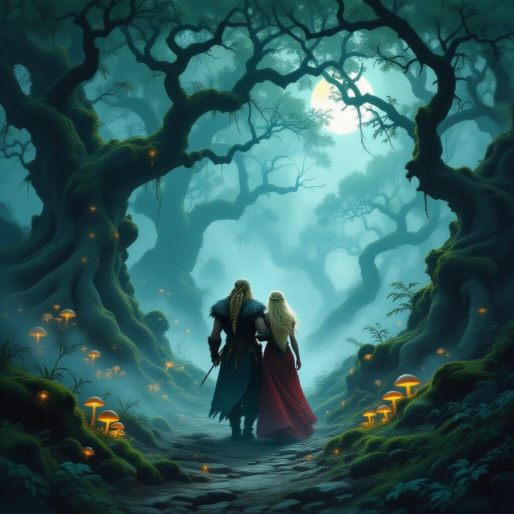 Viking Carries Maiden Through Misty Forest Path
