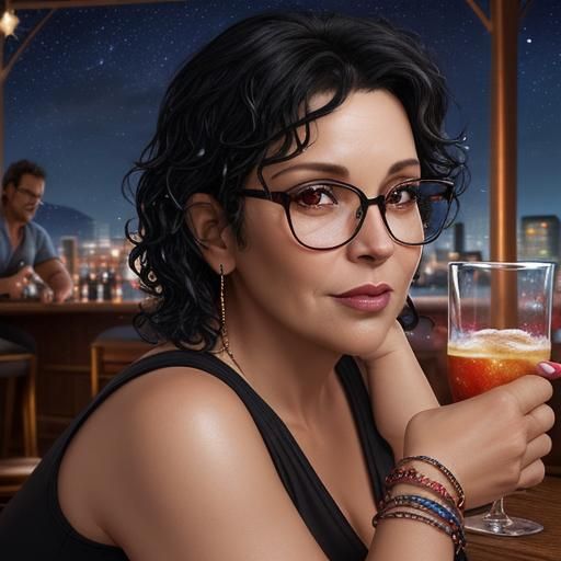 Beautiful Woman at Bar Under Stars: Splash Art