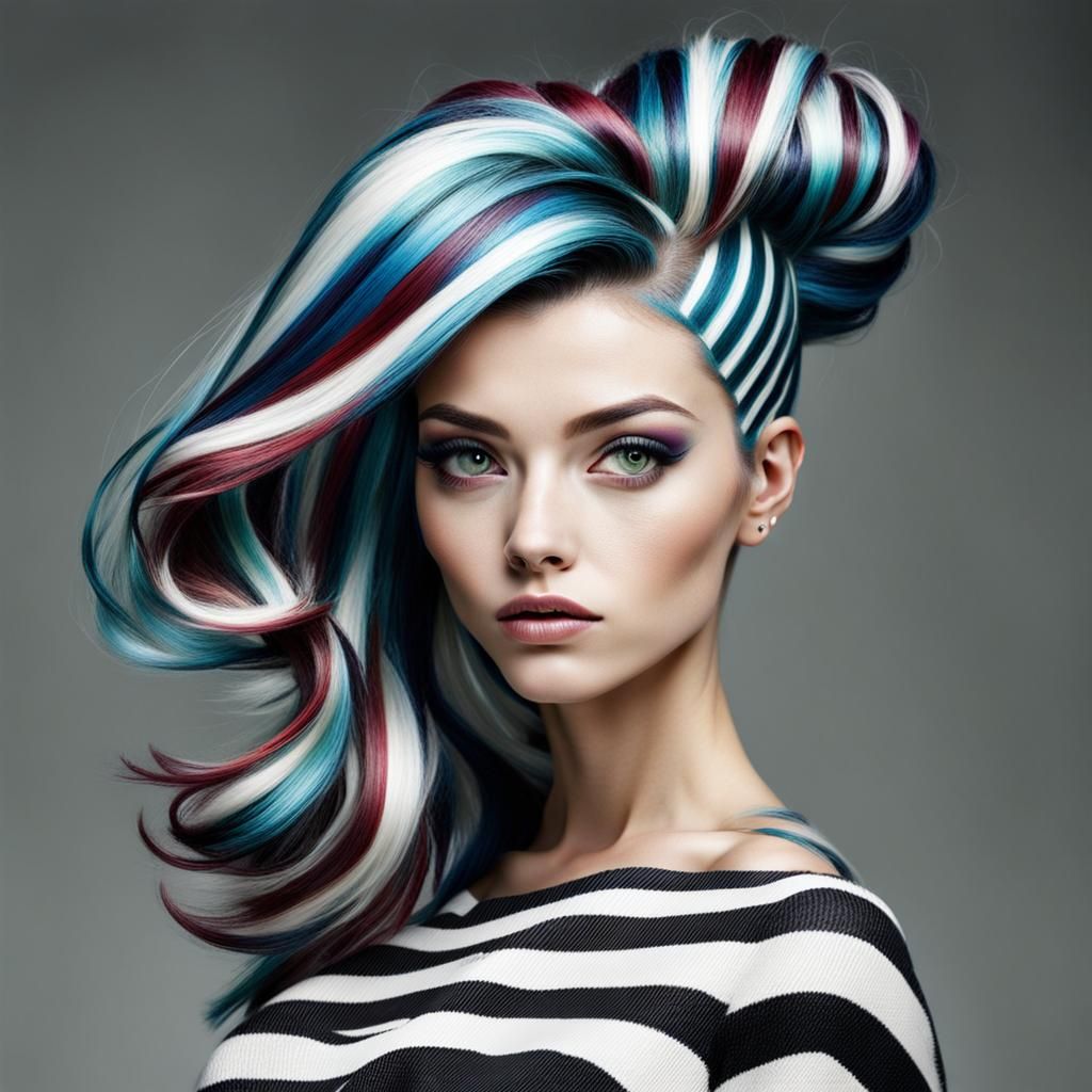 Girl with Bold Striped Hair: AI Generated Image