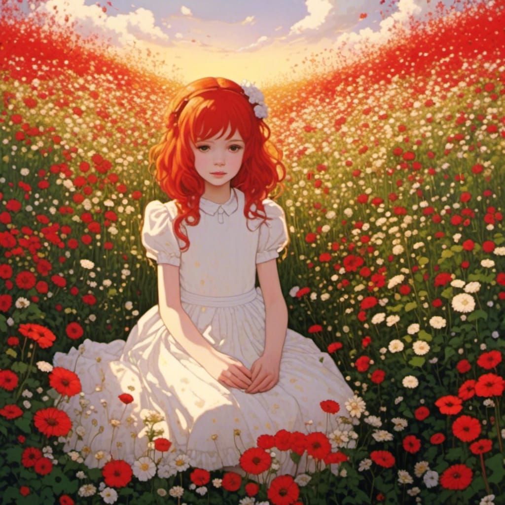 Anime Girl in Flower Field at Golden Hour
