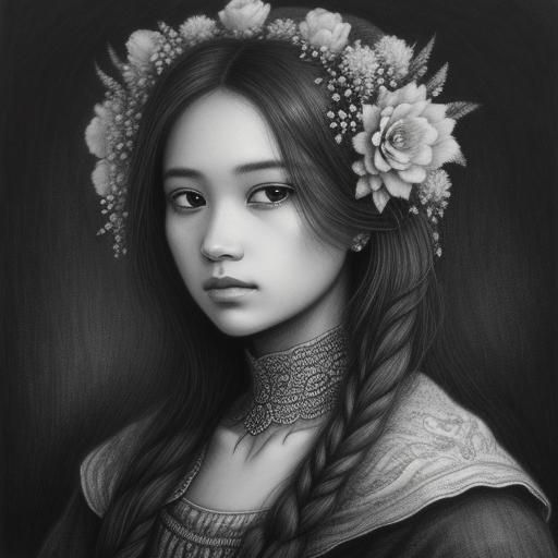 Hyperdetailed Charcoal Drawing: Beautiful Woman with Flowers