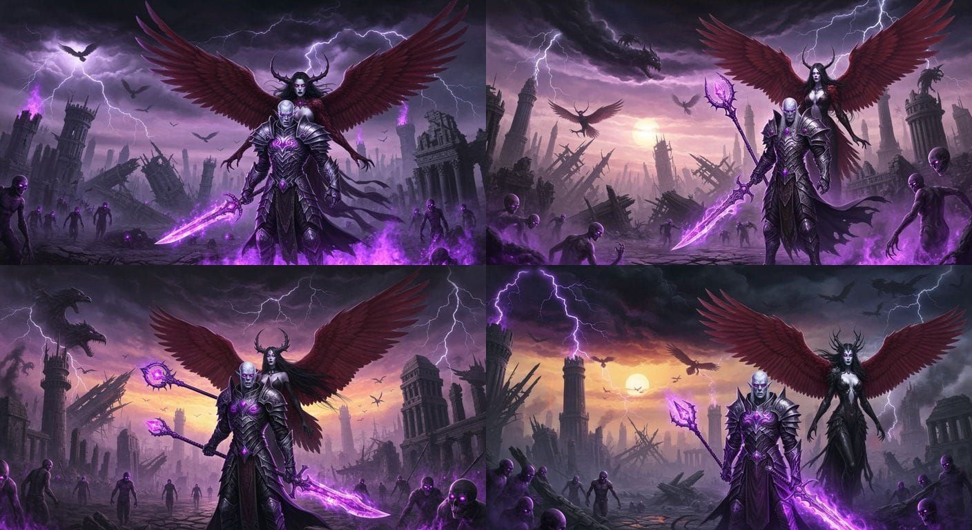 Apocalyptic Dark Fantasy Scene with Necromancer and Raven Ma...