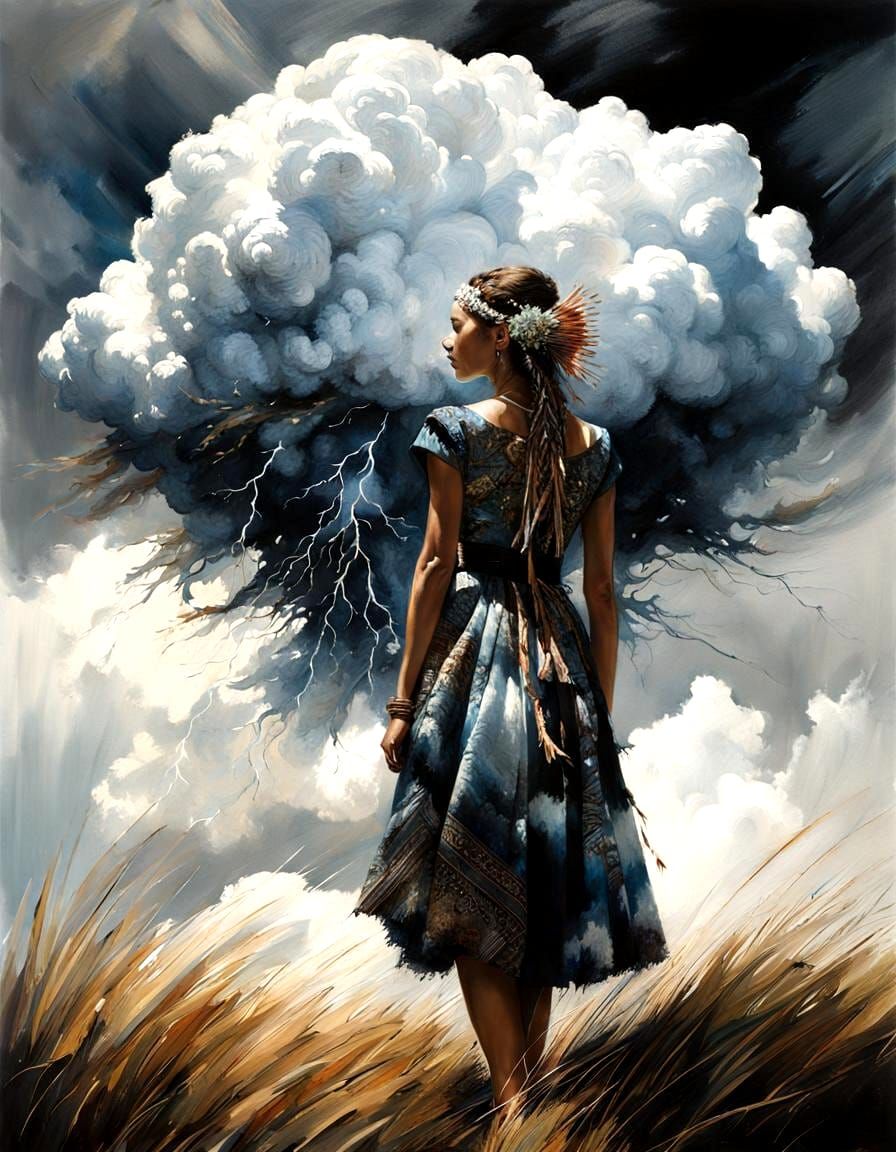 Witch Doctor in Cloudscape, Scratchboard Ink Style