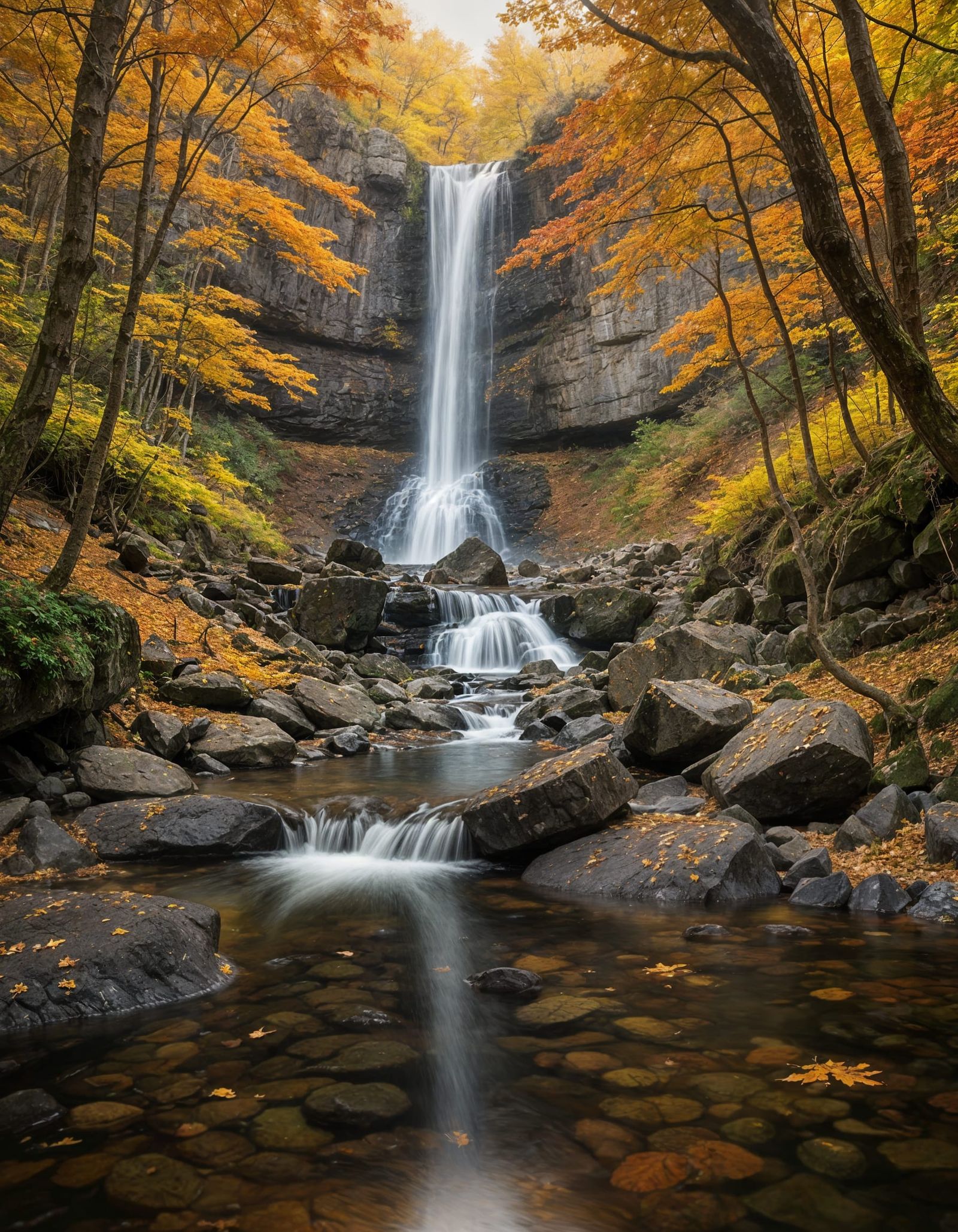 Golden Autumn Waterfall in Magical Forest