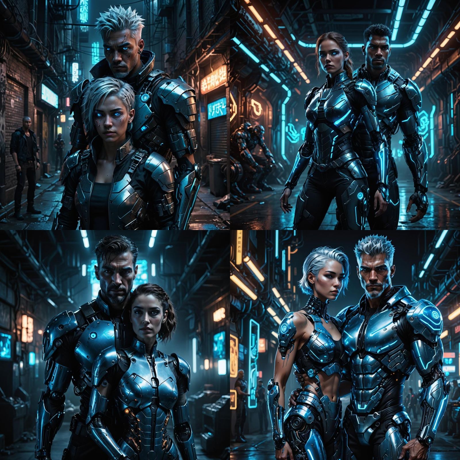 Cyborg Woman Embracing Man in Cyberpunk Style