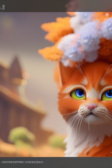 Fluffy Orange Cat with Golden Flowers in 3D Style