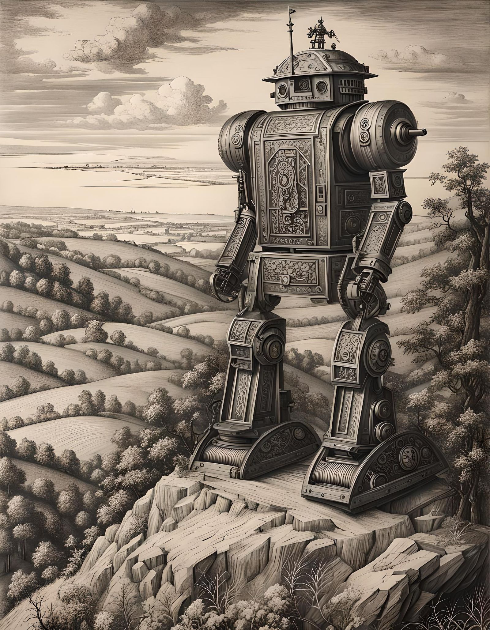 Wooden Robot on Hilltop: Charcoal Drawing in Durer Style