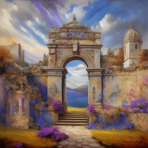 Dreamlike Portal in Surrealist Expressionist Landscape