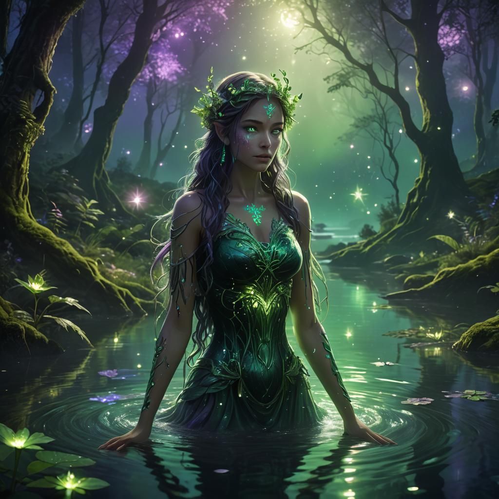 Green Nymph in Forest Lake: Fantasy Concept Art