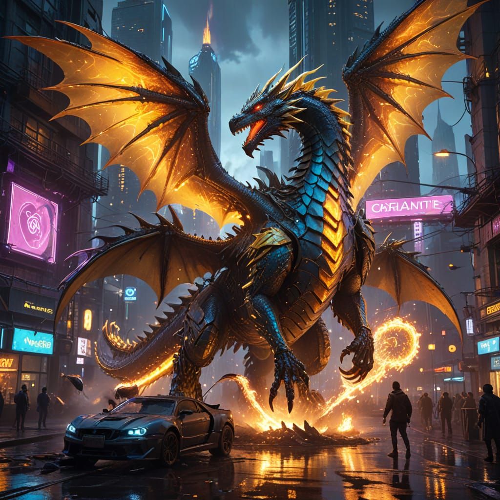 Mechanical Dragon Over Cyberpunk City in Digital Art