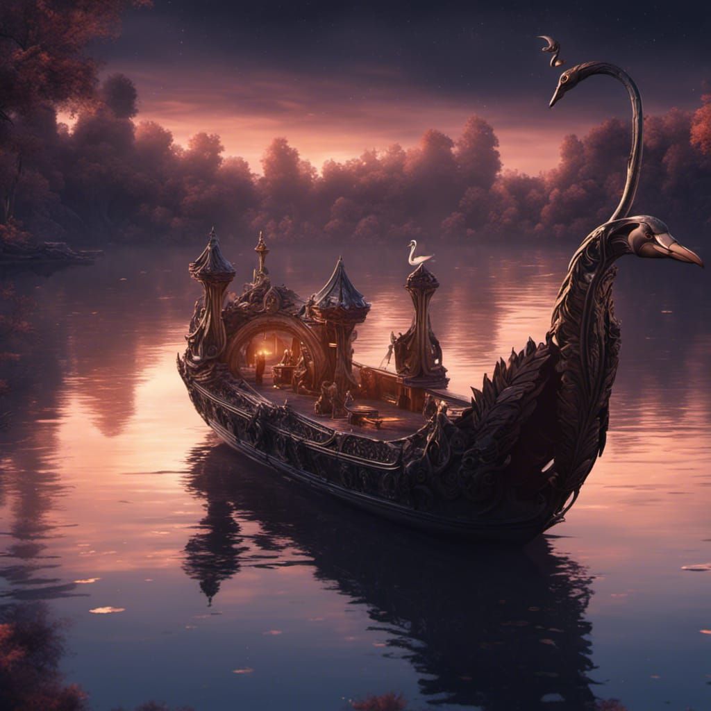 Fantasy Swan Boats on a Night Lake