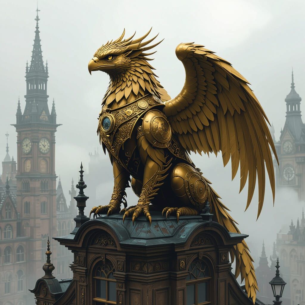 Steampunk Griffin with Gold Chalice in Victorian City