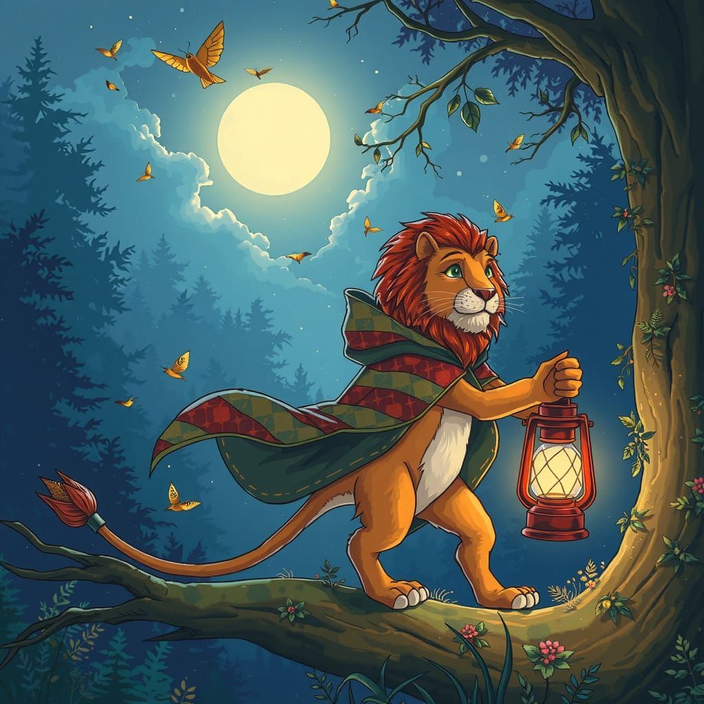 Whimsical Woodland Scene with Lion and Lantern