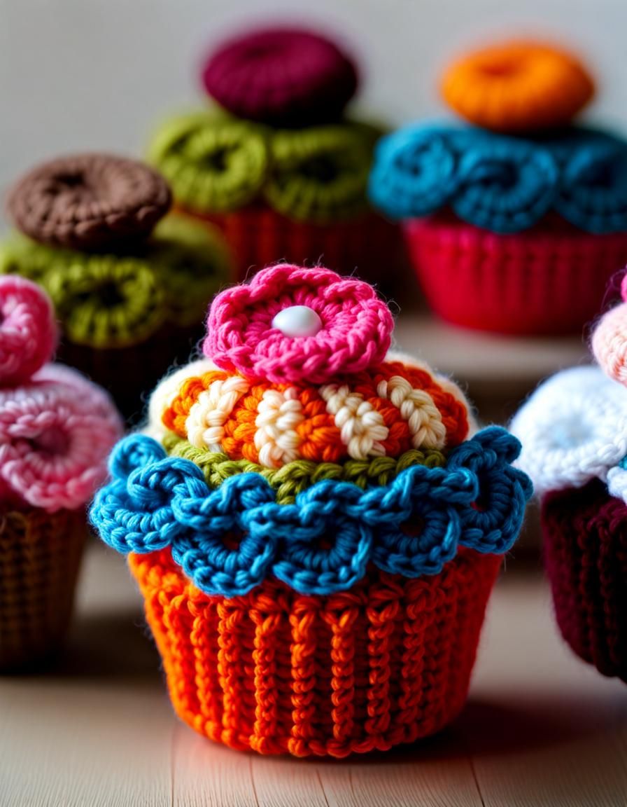 Colorful Crochet Cupcake in Photorealistic Style