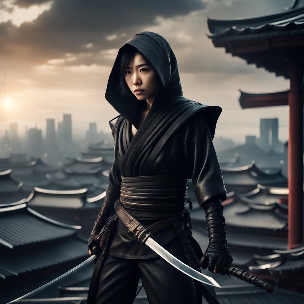 Female Ninja on Rooftop in Digital Matte Painting
