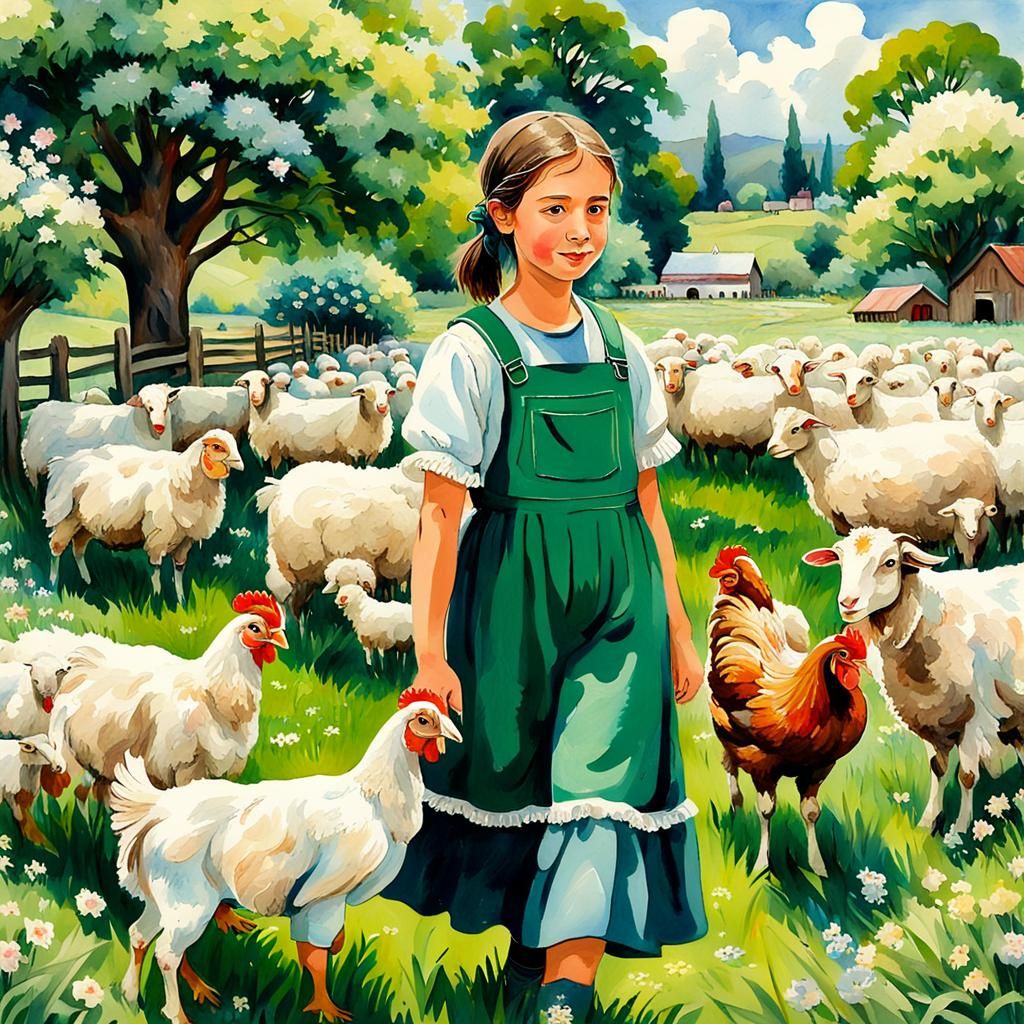 Farm Girl with Animals in Gouache Watercolor Style