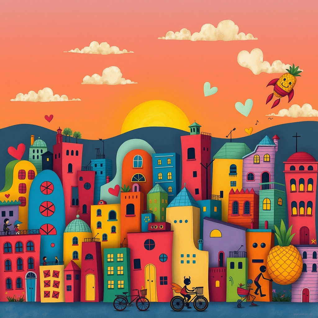 Playful Cityscape with Whimsical Buildings and Stick Figures