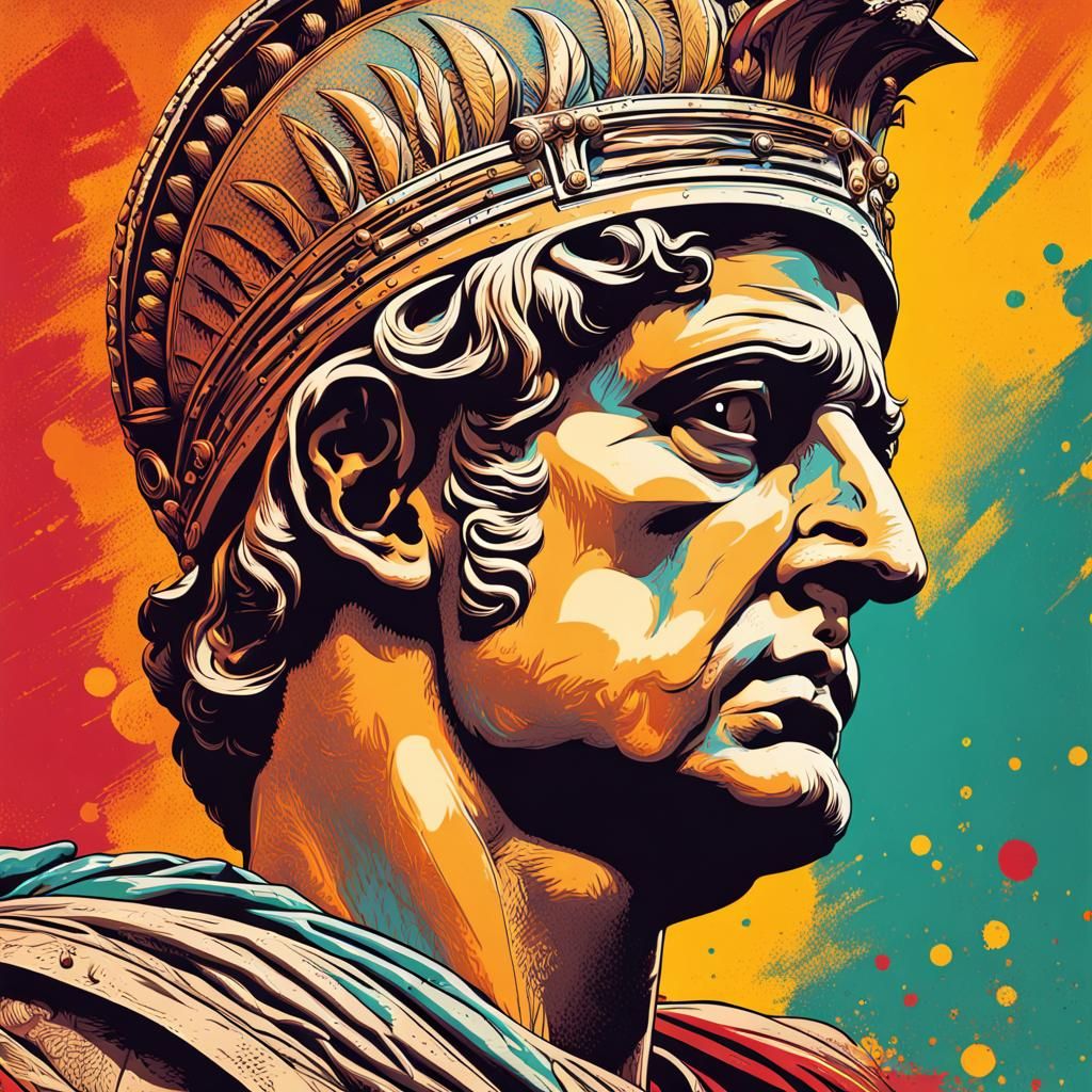 Vintage Screenprint of Roman Emperor in Hyperrealistic Style