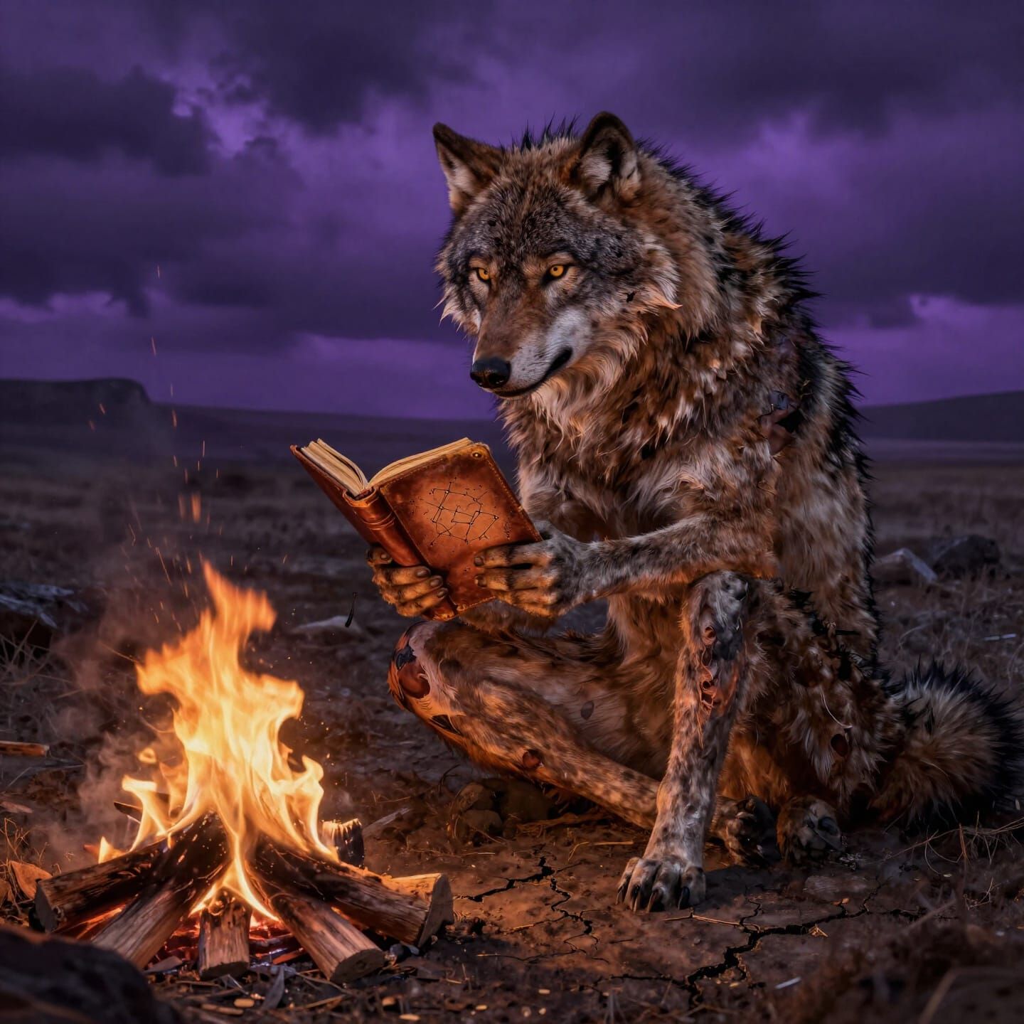 Werewolf by Dying Campfire Under Stormy Sky