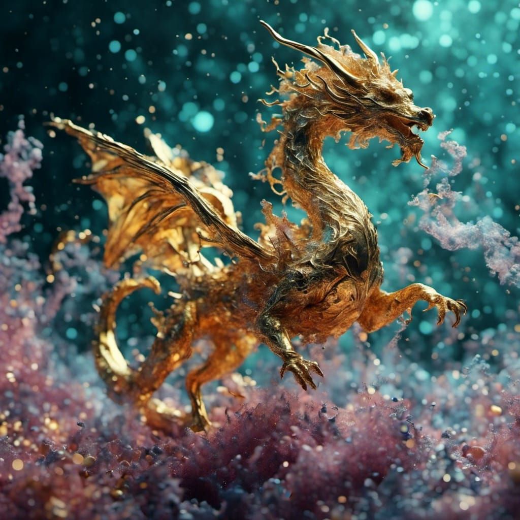 Golden Sea Dragon in Holographic Astral Illustration