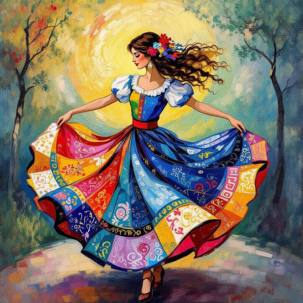 Whirling Gypsy Girl in Vibrant Abstract Style