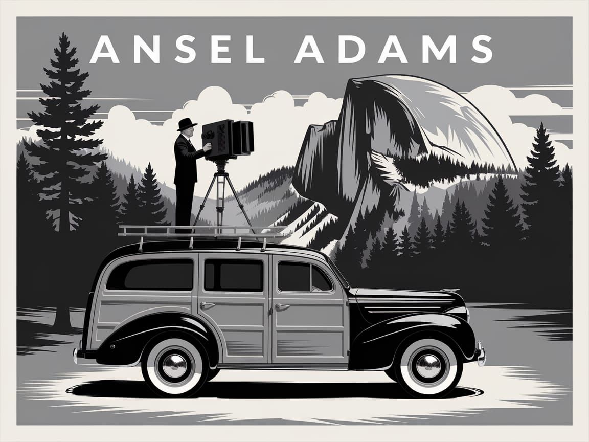 Vintage Station Wagon in Yosemite: Ansel Adams Style
