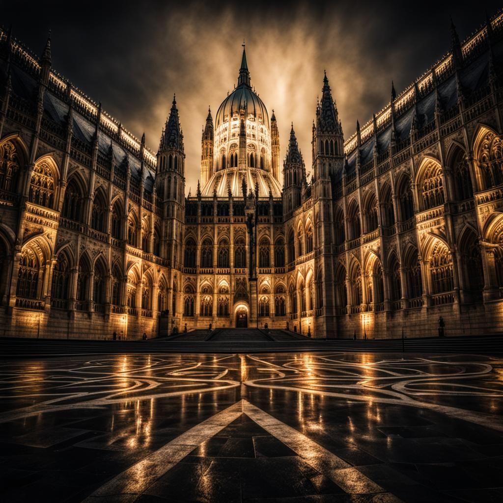 Illuminated Hungarian Parliament Building: Hyperrealistic HD...