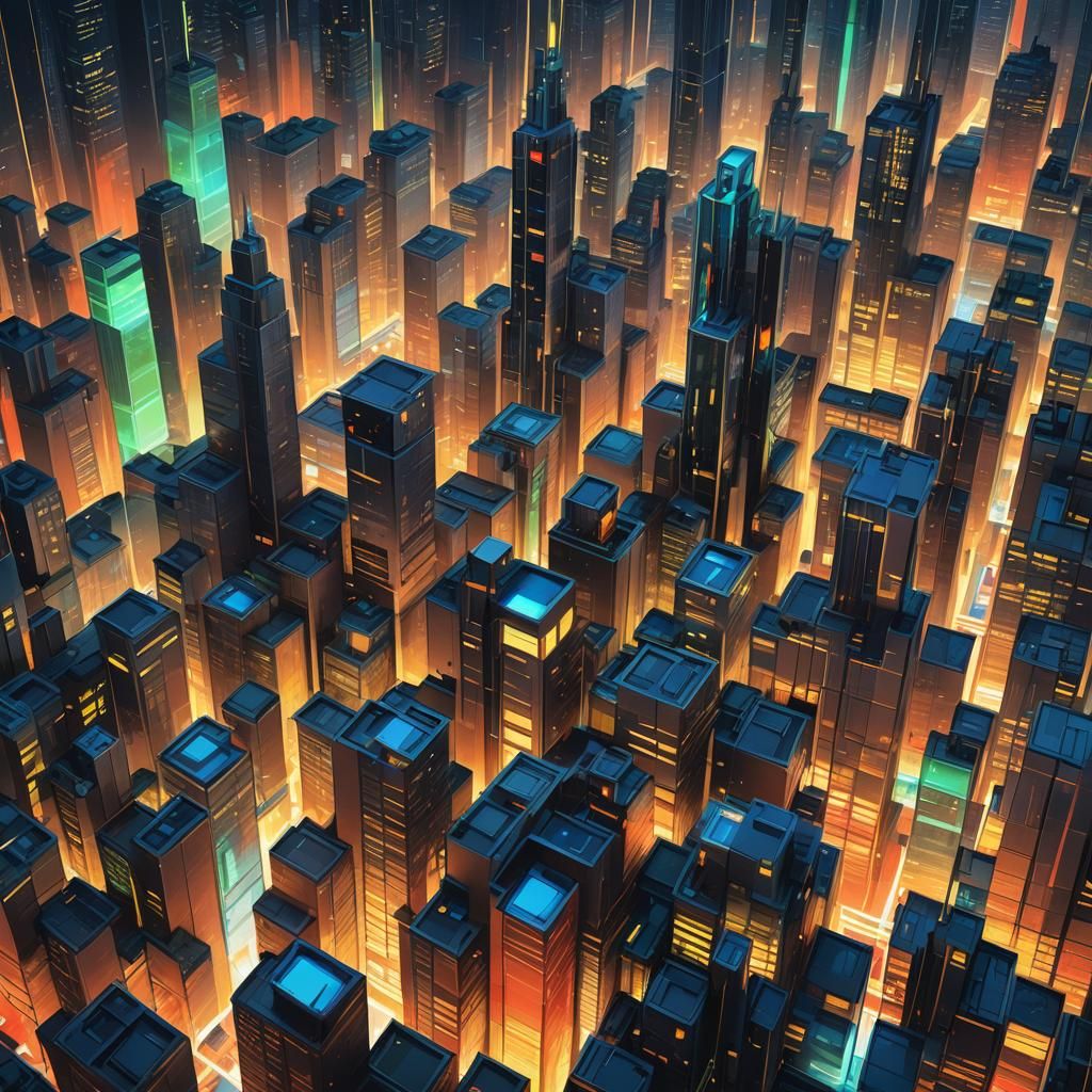 Futuristic Cityscape in Mondrian Art Style