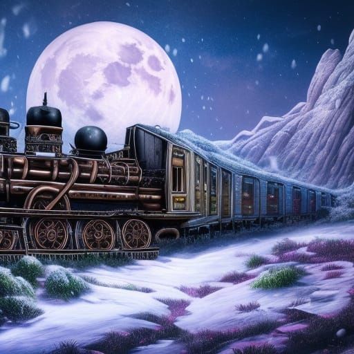 Steampunk Train in Snowy Mountain Valley Under Moonlight