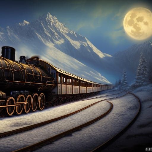 Steampunk Train in Snowy Mountain Valley
