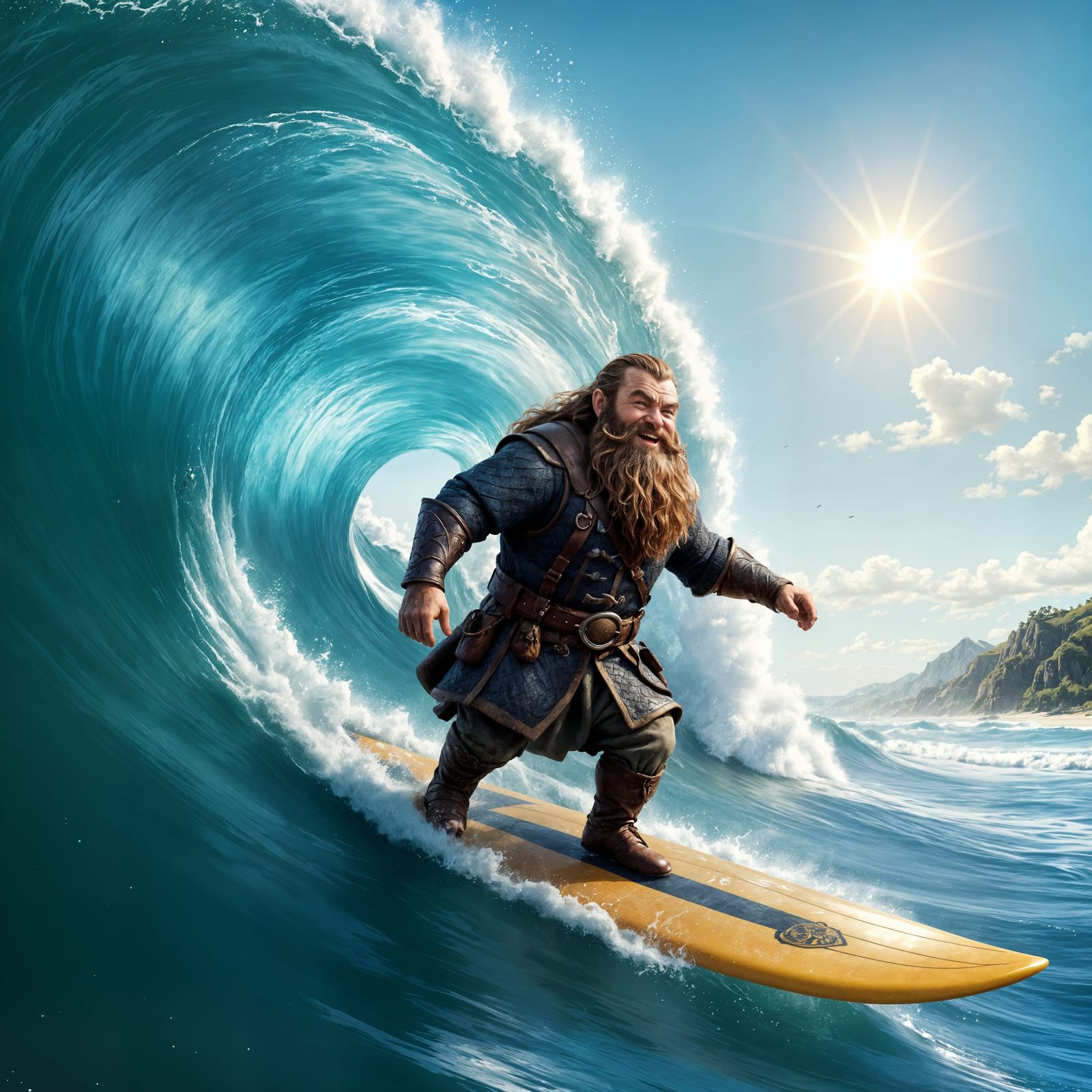 Confident Dwarf Surfer in a Sunny Beach Scene