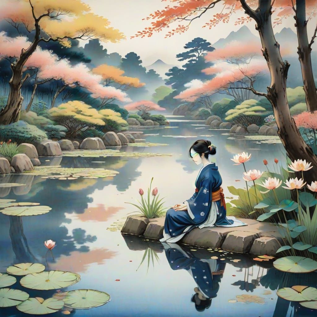 Serene Japanese Woman by Tranquil Pond in Soft, Earthy Tones
