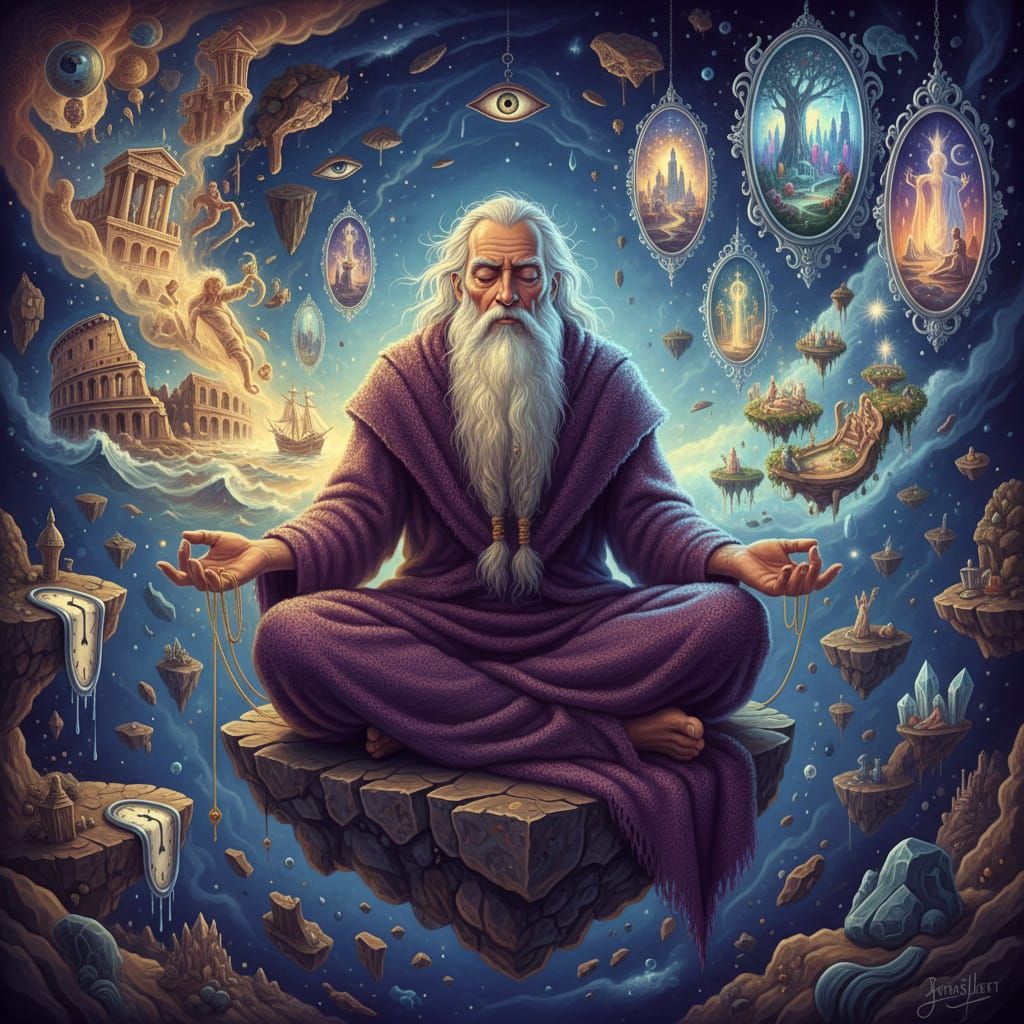 Ancient Sage Contemplates Past and Future in Surreal Style