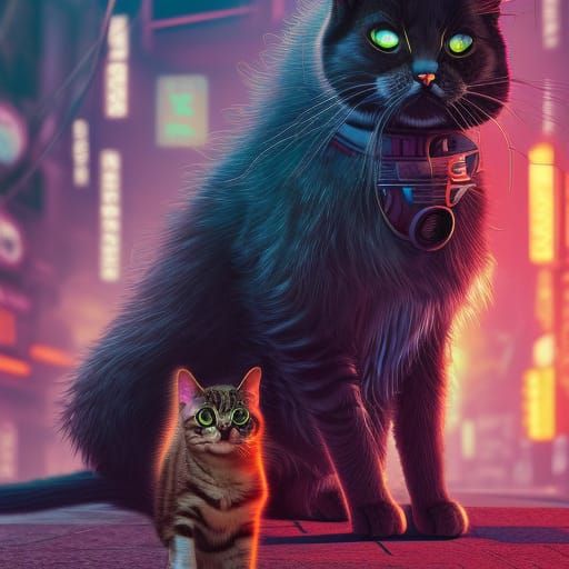 Cyberpunk Cat on Street Corner in Matte Painting