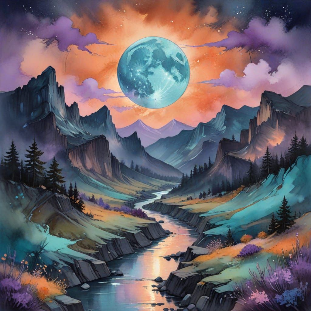 the moon appears low and luminous casting a gentle glow over...