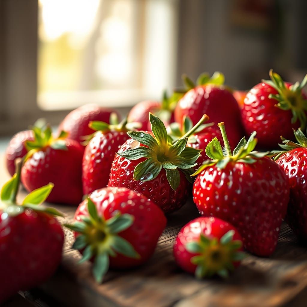 Juicy Strawberries Glistening with Dew Drops in Warm Sunligh...