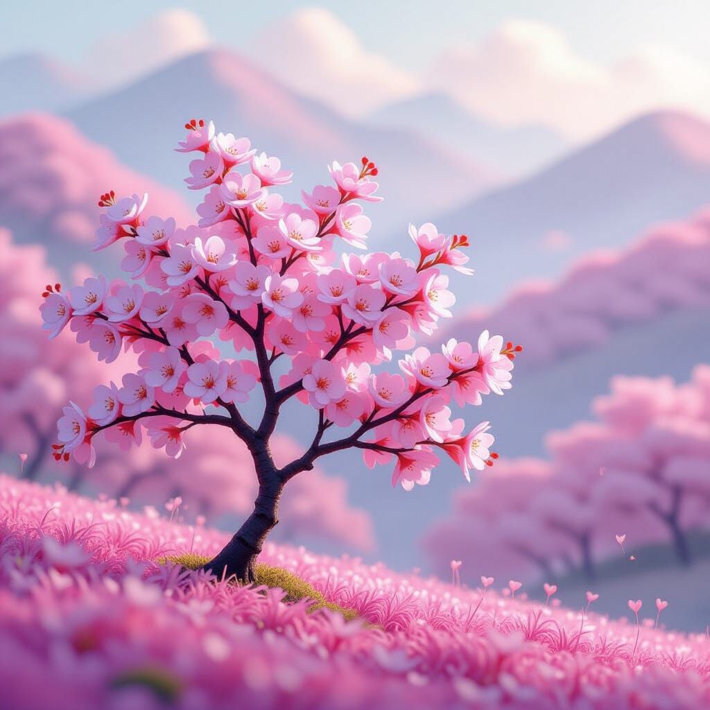 Miniature Cherry Blossom Tree in Misty Valley