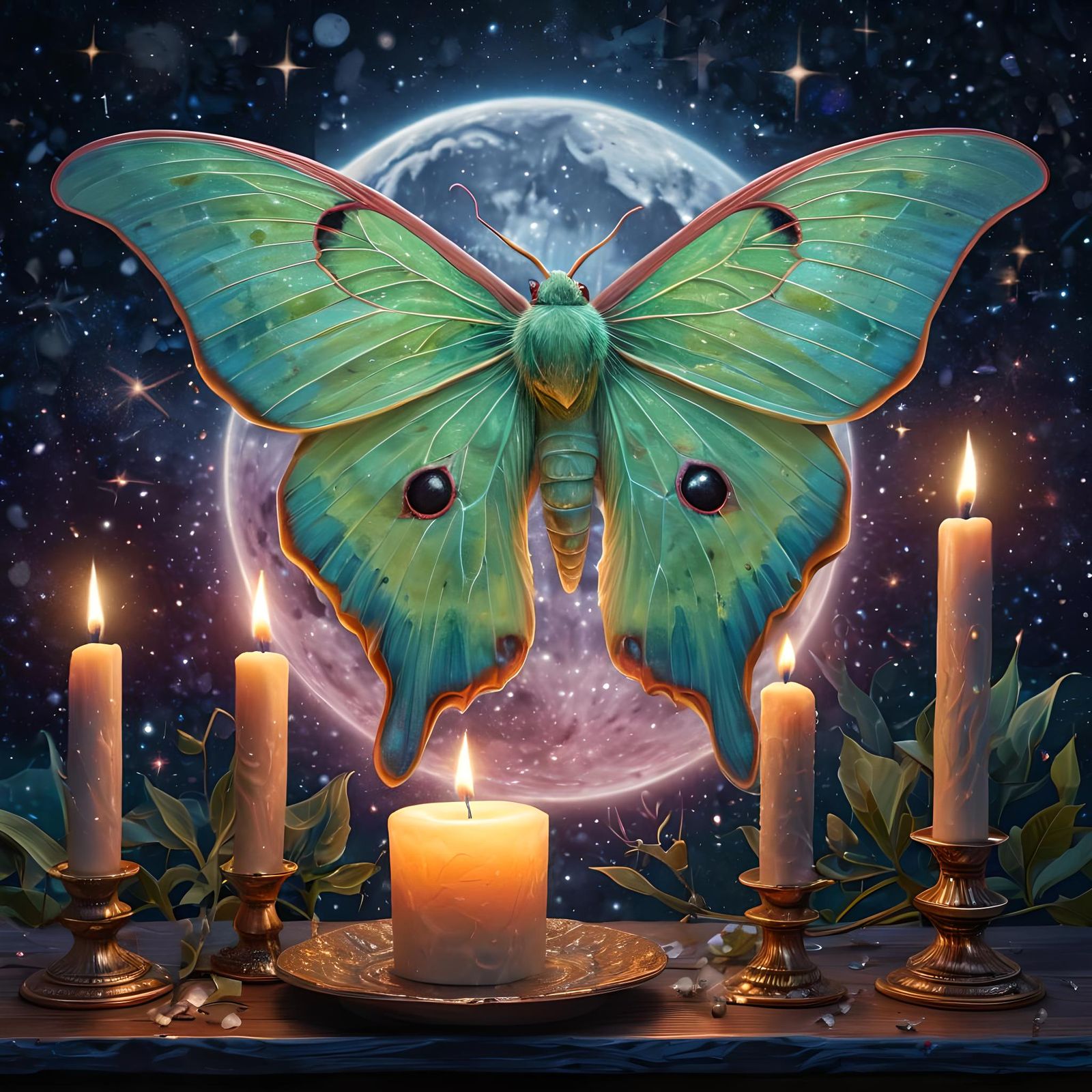 Luna Moth Drawn to Candlelight in Astral Art