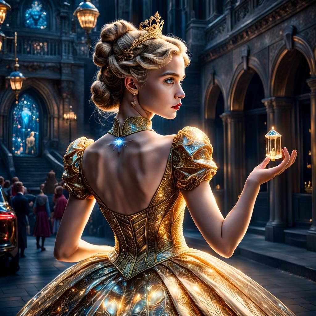 Hyperrealistic Cinderella in Glass Dress with Golden Tesla